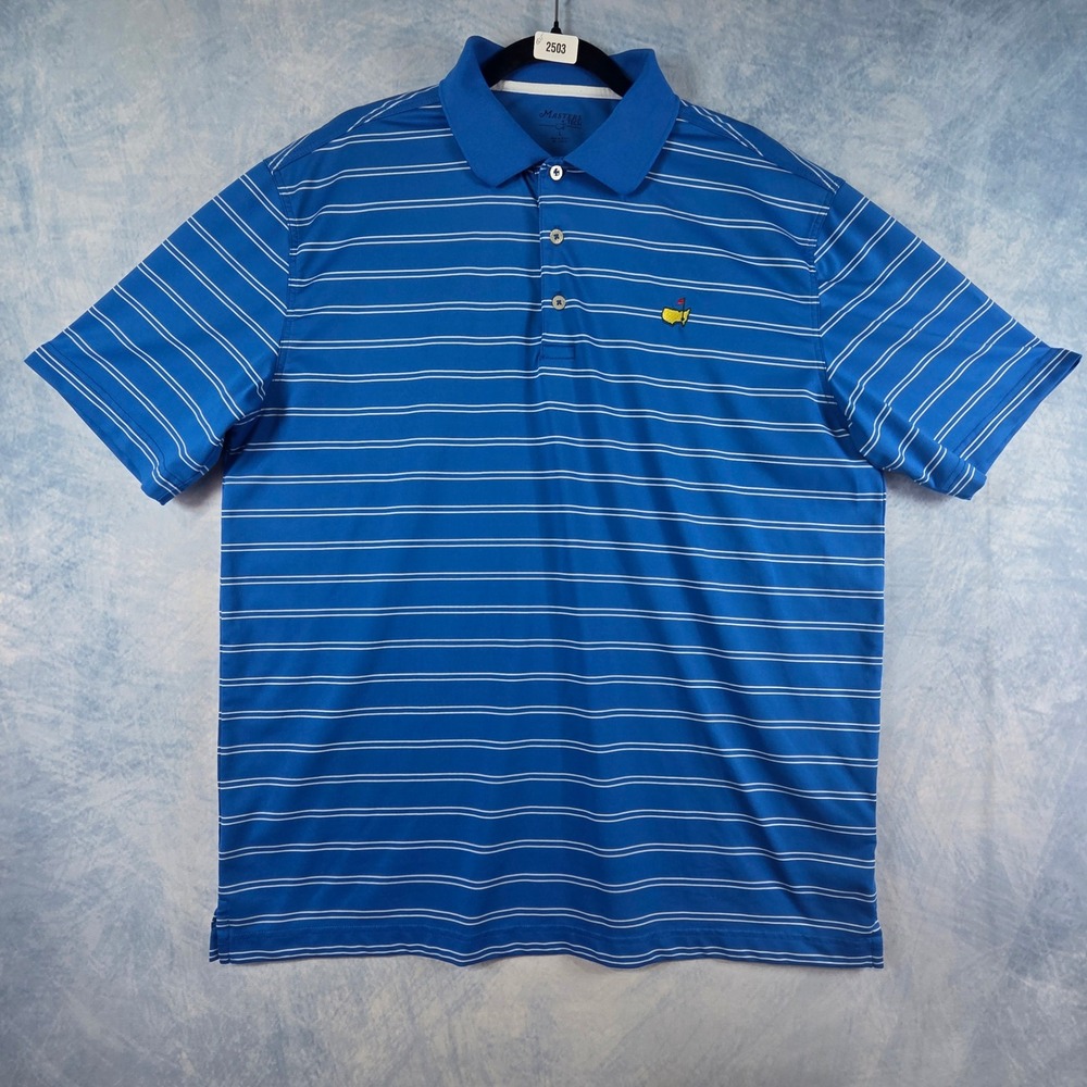 Masters Tech Golf Polo Shirt Mens Large Blue White Striped Short Sleeve Logo